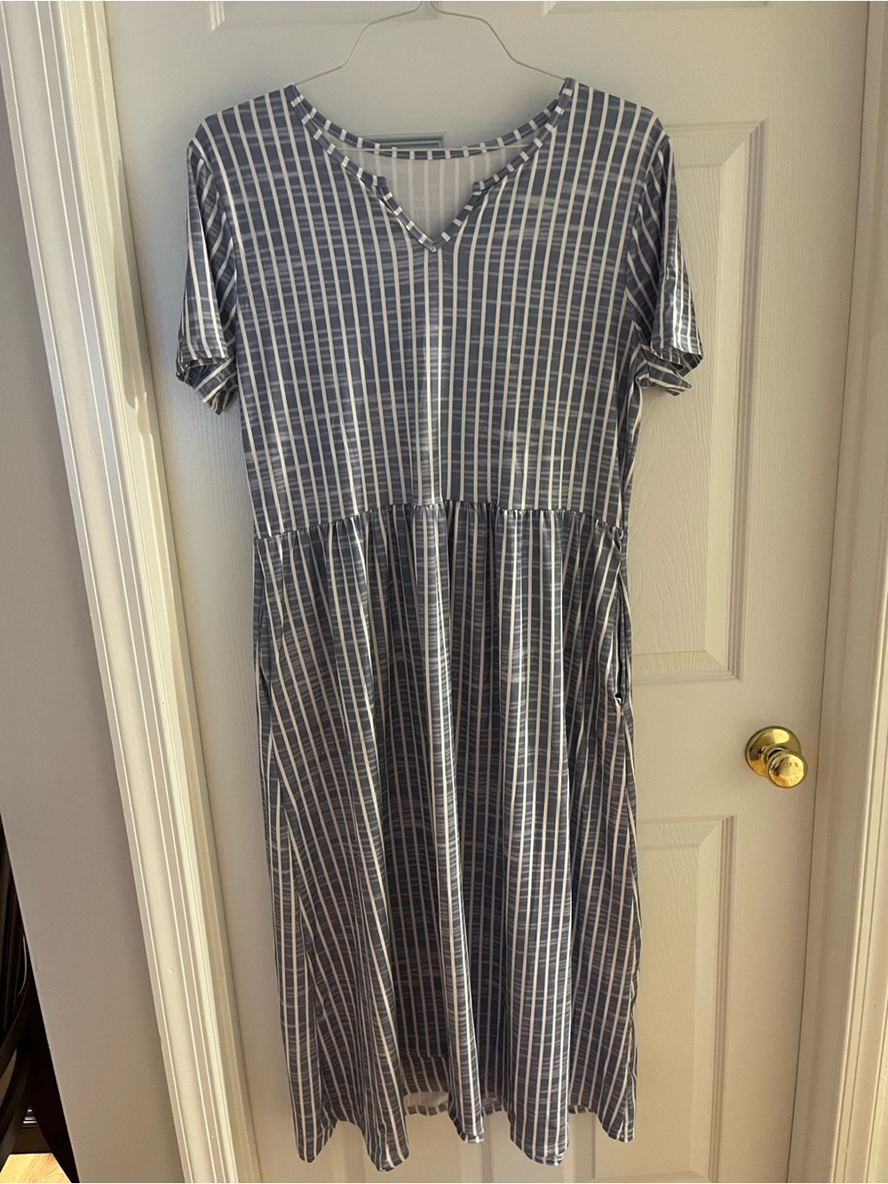 Blue and White Striped V-Neck Midi Dress